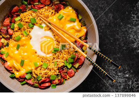 Korean style instant noodle, Shin Ramyeon with sausages Korean style instant noodle, Shin Ramyeon with sausages 137899846