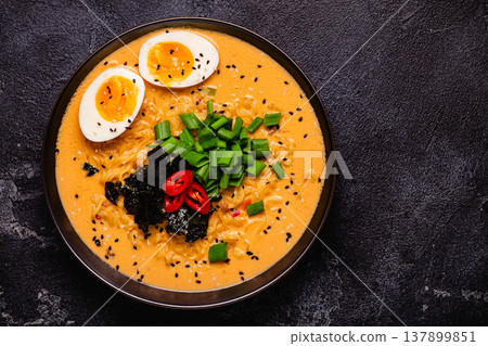 Korean style instant noodle, Shin Ramyeon with egg. Korean style instant noodle, Shin Ramyeon with egg. 137899851