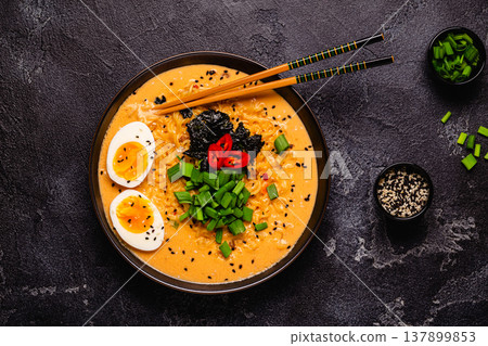 Korean style instant noodle, Shin Ramyeon with egg. Korean style instant noodle, Shin Ramyeon with egg. 137899853