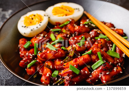 Tteokbokki, Teopokki fried rice cake in black bowl. Tteokbokki, Teopokki fried rice cake in black bowl. 137899859