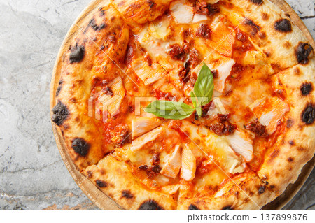 Hot Italian pizza with smoked chicken, brie cheese and sun-dried tomatoes close-up on a wooden board. Horizontal top view Hot Italian pizza with smoked chicken, brie cheese and sun-dried tomatoes close-up on a wooden board. Horizontal top view 137899876
