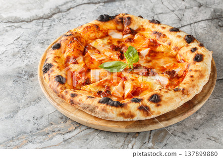 Charred crispy pizza with smoked chicken, brie cheese and sun-dried tomatoes close-up on a wooden board. Horizontal Charred crispy pizza with smoked chicken, brie cheese and sun-dried tomatoes close-up on a wooden board. Horizontal 137899880