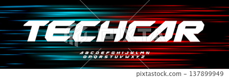 Modern Tech Racing Font With Speed Lines Effect On Red, Turquoise, Neon Light Background. Bold Sport Alphabet For Car, Motorsport, Game Logo, Poster, Technology Typographic Design. Vector typeset. Modern Tech Racing Font With Speed Lines Effect On Red, Turquoise, Neon Light Background. Bold Sport Alphabet For Car, Motorsport, Game Logo, Poster, Technology Typographic Design. Vector typeset. 137899949