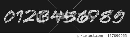 Number Hand Drawn Sketch Paint Brush with Rough Scratch Texture Written Script, Handwritten Numbers T-Shirt Typographic Design in Chalk Dirty Style on Chalkboard Background. Vector Numeric Signs 137899963