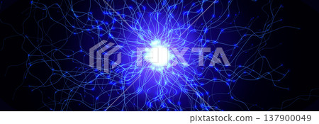 Brain Neural Network Flash AI Data Flow Technology Background Digital Net, Scientific Research. Science Medical Health Tech Banner. Nervous System Structure, Glowing Fractal. Vector Illustration 137900049
