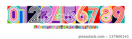 Color Numbers Letters Alphabet Font for Kid Birthday Years Logo, Corporate Anniversary Sign, Race Sport Team Jersey Numeric. Colorful Cutout Paper Typographic Design. Vector Illustration 137900141