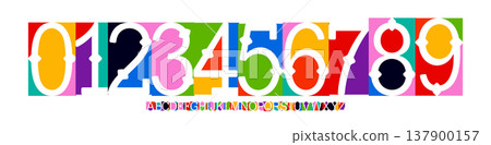 Color Numbers Letters Alphabet Font for Kid Birthday Years Logo, Corporate Anniversary Sign, Race Sport Team Jersey Numeric. Colorful Cutout Paper Typographic Design. Vector Illustration 137900157
