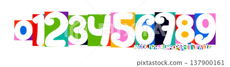 Color Numbers Letters Alphabet Font for Kid Birthday Years Logo, Corporate Anniversary Sign, Race Sport Team Jersey Numeric. Colorful Cutout Paper Typographic Design. Vector Illustration 137900161