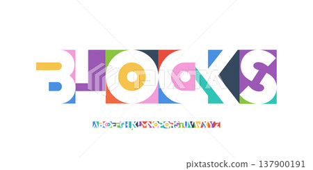 Color Geometric Shape Font Logo Alphabet Letter Set Blocks Typography, Bright Colorful Creative Typographic Design, Trendy Innovate Title Text Headline Logotype. Block Cutout Fonts. Vector Typeface 137900191