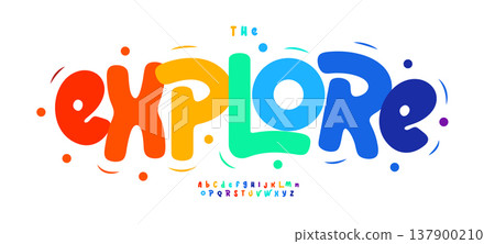 Colorful Kid Font Logo Alphabet Fun Rainbow Color Letter Set Modern Typography, Art Typographic Design for Adventure Explore Headline Text, Kids Lettering Logotype, Doodle Fonts. Vector Typeface 137900210
