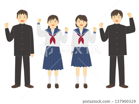 一組插圖,描繪了身穿校服的男女學生擺出勝利姿勢慶祝的場景。 一組插圖,描繪了身穿校服的男女學生擺出勝利姿勢慶祝的場景。 137900329