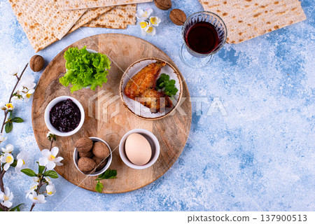 Traditional Passover Seder plate with symbolic foods. Symbolic of Jewish holiday Pesah. 137900513
