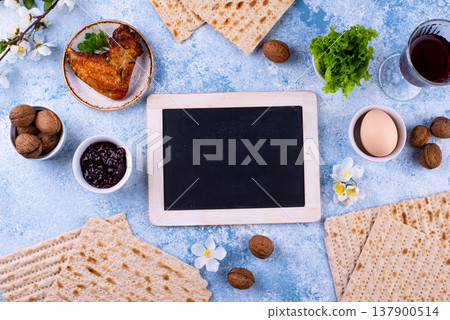 Traditional Passover Seder plate with symbolic foods. Symbolic of Jewish holiday Pesah. 137900514