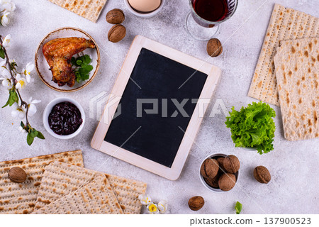 Traditional Passover Seder plate with symbolic foods. Symbolic of Jewish holiday Pesah. 137900523