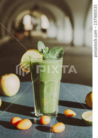 A healthy green smoothie made with fresh spinach, standing on a table with a turquoise tablecloth A healthy green smoothie made with fresh spinach, standing on a table with a turquoise tablecloth 137900535