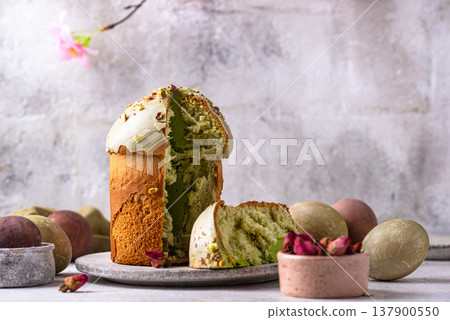 Traditional Easter cake kulich with pistachio Traditional Easter cake kulich with pistachio 137900550