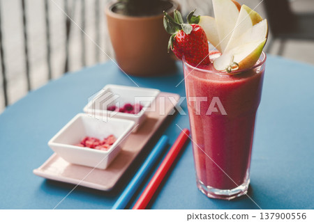 Strawbery smooties in the glass on the table Strawbery smooties in the glass on the table 137900556