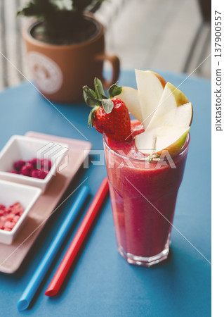 Strawbery smooties in the glass on the table Strawbery smooties in the glass on the table 137900557