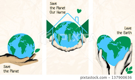 Happy Earth day vertical banners set with halftone cut out hands holding doodle Earth globe. Save planet and protect nature concept mixed media collage. Modern retro vector illustration isolated Happy Earth day vertical banners set with halftone cut out hands holding doodle Earth globe. Save planet and protect nature concept mixed media collage. Modern retro vector illustration isolated 137900636