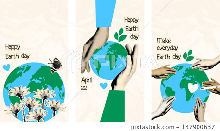 Happy Earth day vertical banners set with diverse halftone cut out hands holding doodle Earth globe isolated on crumpled paper background. Modern retro mixed media collage vector illustration Happy Earth day vertical banners set with diverse halftone cut out hands holding doodle Earth globe isolated on crumpled paper background. Modern retro mixed media collage vector illustration 137900637