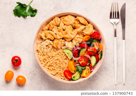 Bowl of quinoa with vegan soy meat and vegetables. Bowl of quinoa with vegan soy meat and vegetables. 137900743