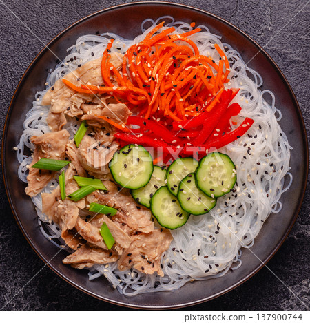 Bowl of rice noodles with vegan soy meat and vegetables. 137900744