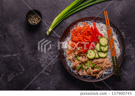 Bowl of rice noodles with vegan soy meat and vegetables. Bowl of rice noodles with vegan soy meat and vegetables. 137900745