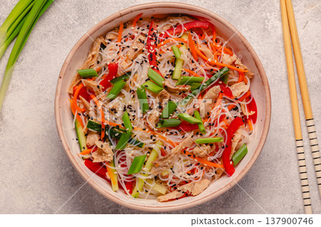 Bowl of rice noodles with vegan soy meat and vegetables. 137900746