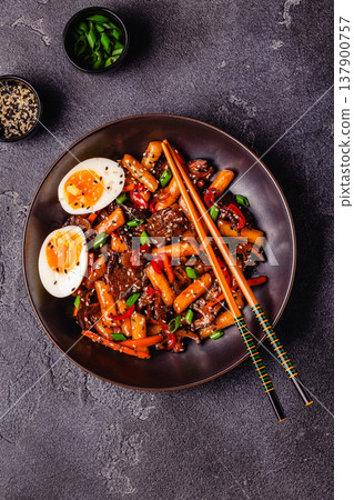 Tteokbokki ,Spicy Stir fried Rice Cake. Tteokbokki ,Spicy Stir fried Rice Cake. 137900757