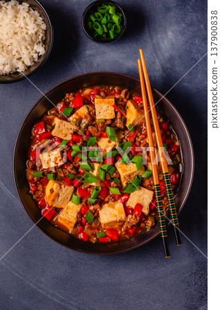 Mapo tofu, tofu in spicy mincemeat sauce. Mapo tofu, tofu in spicy mincemeat sauce. 137900838