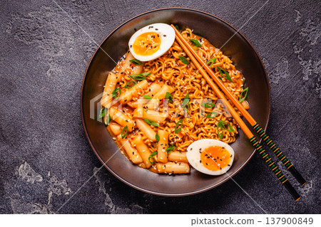 Spicy Rapokki - Korean tteokbokki rice cake and ramen noodle. 137900849