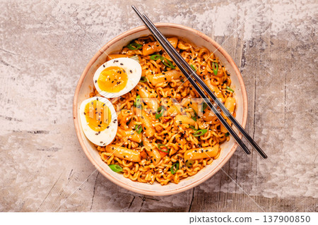 Spicy Rapokki - Korean tteokbokki rice cake and ramen noodle. Spicy Rapokki - Korean tteokbokki rice cake and ramen noodle. 137900850