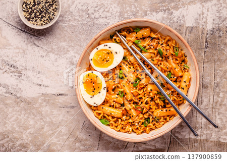 Spicy Rapokki - Korean tteokbokki rice cake and ramen noodle. Spicy Rapokki - Korean tteokbokki rice cake and ramen noodle. 137900859