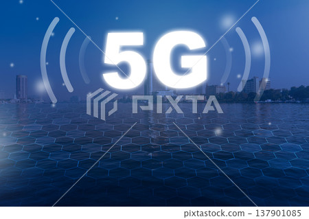 5G internet waves above a city skyline and water during twilight 5G internet waves above a city skyline and water during twilight 137901085