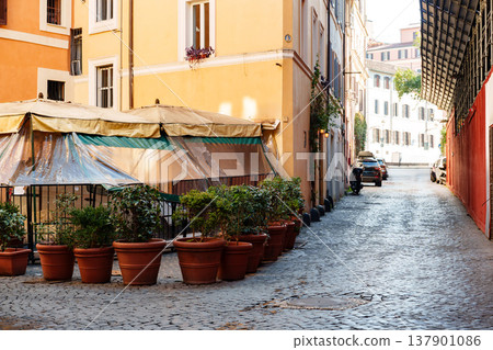 Quiet street in Rome with potted plants and empty tables in the morning sun Quiet street in Rome with potted plants and empty tables in the morning sun 137901086