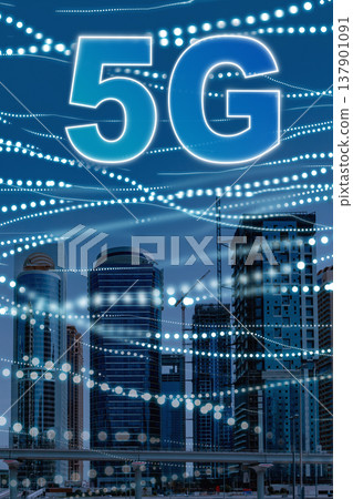 5G internet technology shown over a city skyline with tall buildings and network signals 137901091