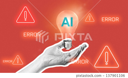 Hand holding light bulb with AI text and error signs on red background showing technology theme Hand holding light bulb with AI text and error signs on red background showing technology theme 137901106