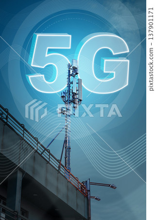 5G internet tower stands on building under blue sky with waves surrounding it 5G internet tower stands on building under blue sky with waves surrounding it 137901171