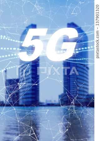 Modern buildings with 5G network technology in urban setting by the water 137901320