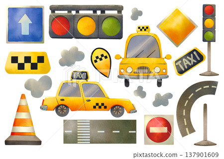 Set depicting a city taxi, road signs, and road surfaces. Vibrant, hand drawn watercolor illustration of urban transport. 137901609
