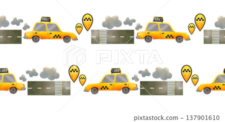 Seamless border frame featuring a city taxi and a road. Hand drawn watercolor illustration of urban transport. Seamless border frame featuring a city taxi and a road. Hand drawn watercolor illustration of urban transport. 137901610