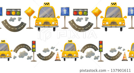 Seamless border frame featuring a city taxi, road signs, and a road. Hand drawn watercolor illustration of urban transport. Seamless border frame featuring a city taxi, road signs, and a road. Hand drawn watercolor illustration of urban transport. 137901611