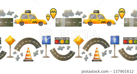 Seamless border featuring a city taxi, road signs, and a road. Hand drawn watercolor illustration of urban transport. Seamless border featuring a city taxi, road signs, and a road. Hand drawn watercolor illustration of urban transport. 137901612