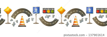 Seamless frame with the image of a city taxi, road signs and a road. Hand drawn watercolor illustration of urban transport. Seamless frame with the image of a city taxi, road signs and a road. Hand drawn watercolor illustration of urban transport. 137901614
