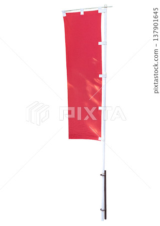 Vertical red banner flag on white pole isolated on white background. Traditional Japanese style nobori banner for advertising and festival use. Clean blank mockup for custom text or brand logo. Vertical red banner flag on white pole isolated on white background. Traditional Japanese style nobori banner for advertising and festival use. Clean blank mockup for custom text or brand logo. 137901645