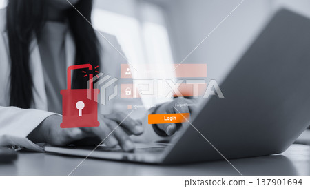 cybersecurity breach and data hacker attack on laptop screen.identity theft and password scam concept in black and white.business woman hand typing on computer with security threat alert. cybersecurity breach and data hacker attack on laptop screen.identity theft and password scam concept in black and white.business woman hand typing on computer with security threat alert. 137901694