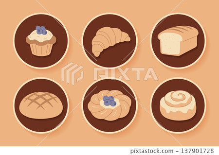 Bakery sticker icons set with bread and pastry emblems vector illustration. Bakery sticker icons set with bread and pastry emblems vector illustration. 137901728