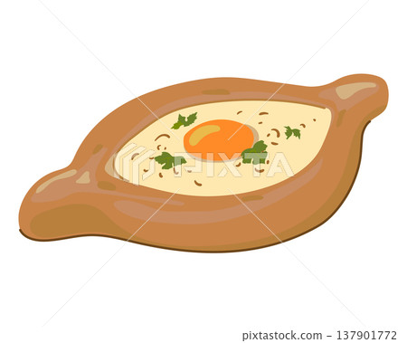 Khachapuri from Adjara. National food of Georgia. Vector illustration. Oven baked bread with cheese and egg. Homemade rural food. Flat style. Khachapuri from Adjara. National food of Georgia. Vector illustration. Oven baked bread with cheese and egg. Homemade rural food. Flat style. 137901772