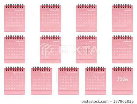 Red desktop calendar template featuring clean grid layout, spiral-bound planner 2026 organization Red desktop calendar template featuring clean grid layout, spiral-bound planner 2026 organization 137902022