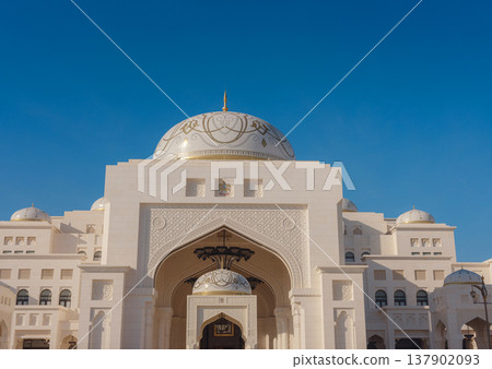 Abu Dhabi, UAE January 15, 2024 Qasr Al Watan s exterior entrance during the sunset. Abu Dhabi, UAE January 15, 2024 Qasr Al Watan s exterior entrance during the sunset. 137902093